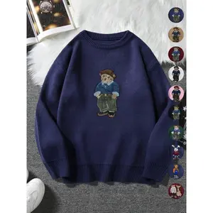 Unisex Cartoon Bear Print Crew Neck Sweater Crewneck, Casual Loose Long Sleeve Jumper For Fall & Winter, Fashion Ladies' Knitwear For Daily Wear