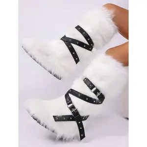 Women's Faux Fur Belted Snow Boots, Fashionable Round Toe Slip on Knee High Boots for Fall & Winter, Warm Comfortable Shoes for Daily Wear, Elegant Boots