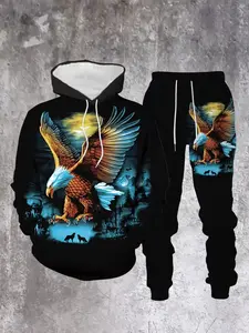 Men's Hoodie Set with Eagle Pattern, Sporty Fitted Pants, Fall & Winter, Long Sleeve, Ankle Length, All over Print