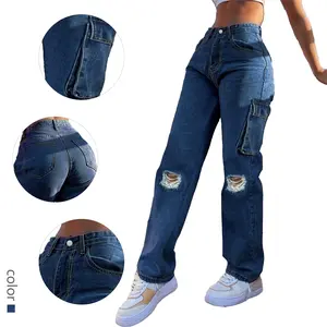 Chic Women's Blue Denim High - Rise Jeans - Cool Ripped Knees - Cargo Pockets