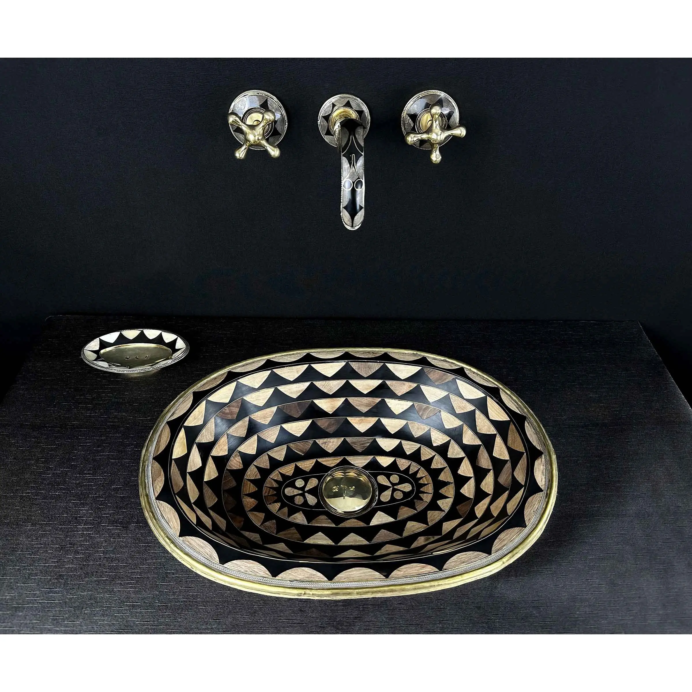 Handcrafted Oval Brass Sink with Wood and Black Resin Accents