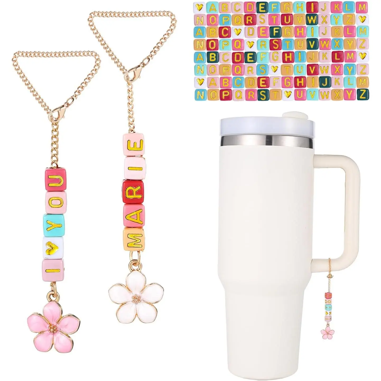 DIY  Cup Letter Charm Set, 2 count Chains and 200 count Letter Beads, Name ID  Handle Charm for  Tumbler