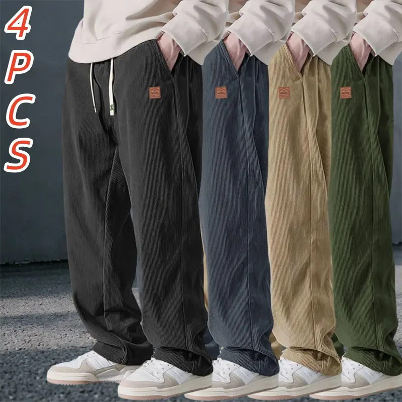 Men's 4-Pack Corduroy Wide-Leg Pants - Retro High-Street Style, Stylish Fashion Apparel, Loose Straight Fit, Drapey Polyester Clothes, Drawstring Design, Baggy, Moves Easy, Comfortable Versatile Casual Long Pants for Everyday Streetwear, Chic