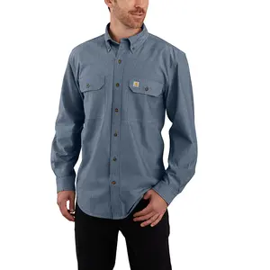Carhartt Men's Fort Loose Long-Sleeve Collared Cotton Garment, Plain Casual Denim Blue Chambray Shirt