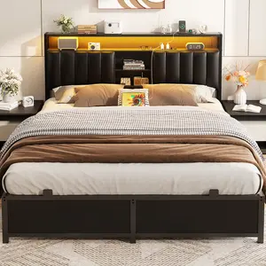 Full / Queen / King Bed Frame with Charging Station & Led Lights, Platform Bed with Leather Upholstered Headboard and Storage, Metal Slats Support, No Box Spring Needed, Noise-Free