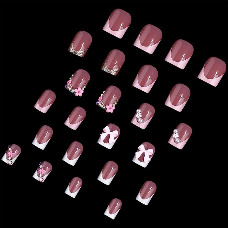 24pcs French Tip Press-On Nails - Short, Charms, Bow, Flower Design, Pink, Cute, Square Shape, Acrylic, Rhinestones
