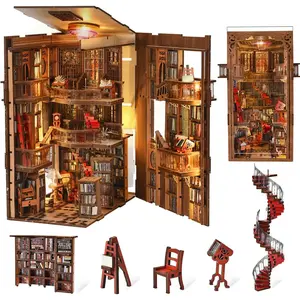 Book Nook Kit DIY Miniature Dollhouse Booknook Kit 3D Wooden Puzzle Bookend Bookshelf Insert Decor with LED Light for Teens and Adults (Abbey Library)