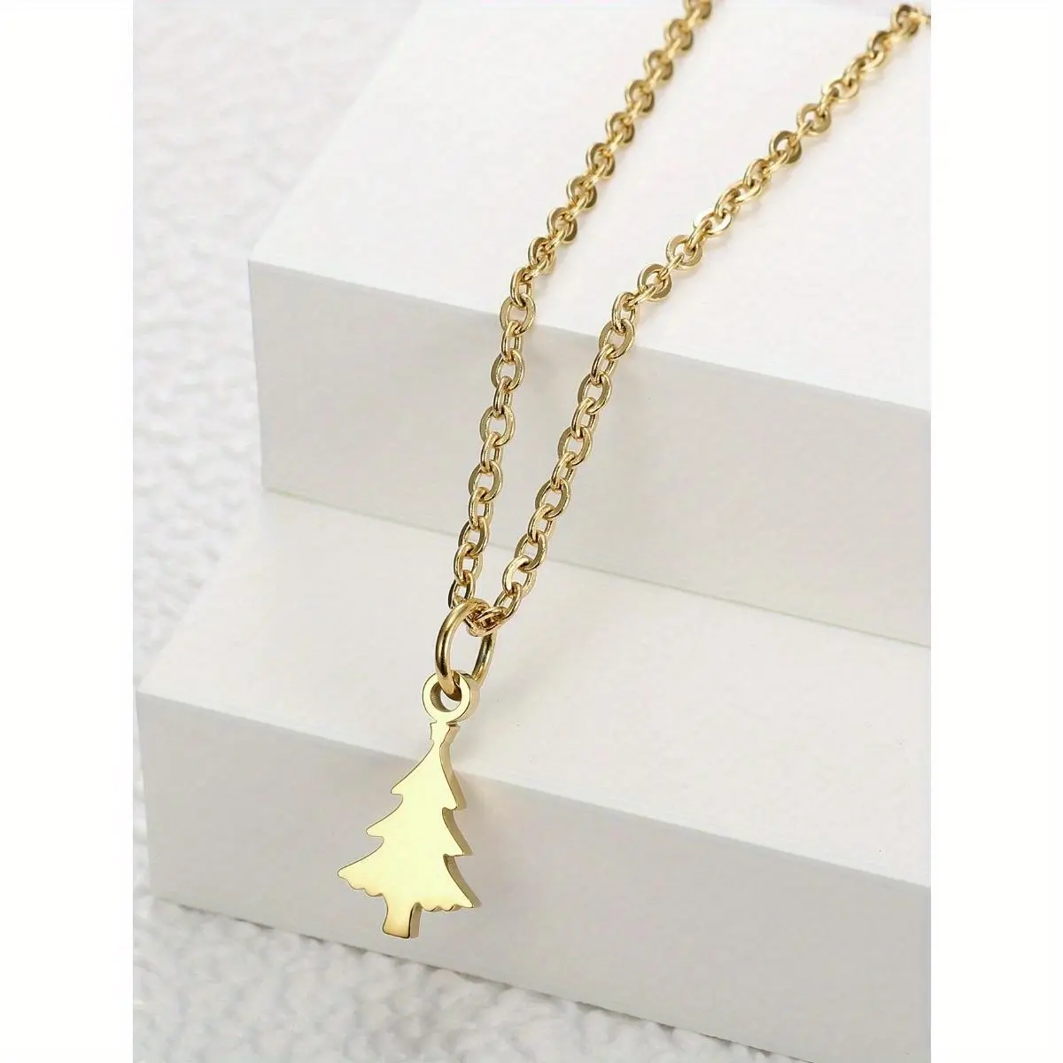 Unisex Elegant Stainless Steel Christmas Tree Necklace with Geometric Charm Pendant - Chain Jewelry for Anniversary Gift