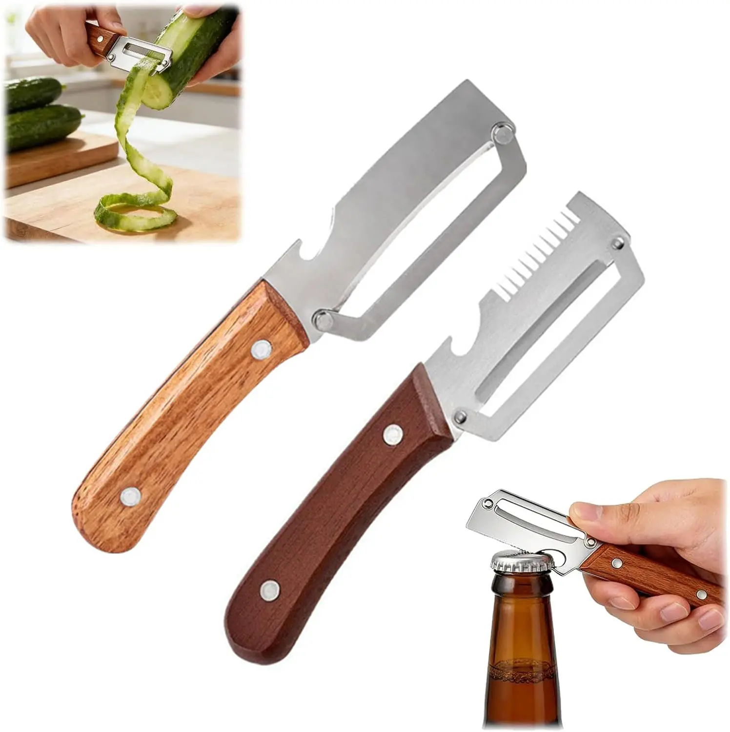 2-In-1 Multifunctional Vegetable Peeler With Wooden Handle And Bottle Opener, Stainless Steel Blade Kitchen Tool, Suitable For Peeling And Shredding Fruits And Vegetables, Chopping Vegetables In The Home Kitchen.
