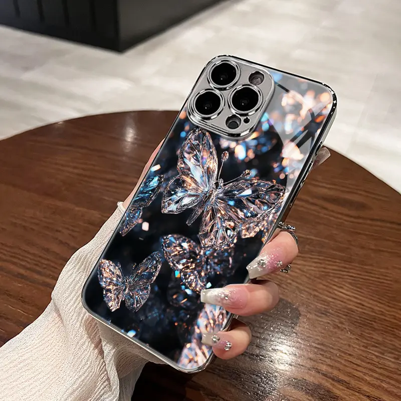 Luxury Premium Crystal Finish Butterfly Motif Electroplated Glass Smartphone Case, High-End Fashion Tech Accessory, Protective Cover for iPhone 11-17 ProMax, Compatible with Handheld Device Add-Ons
