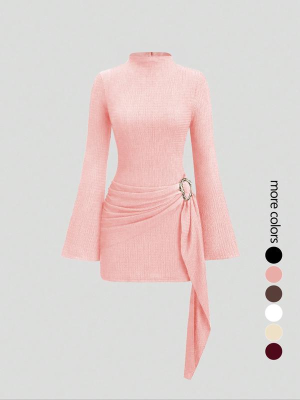 Women's Stand Collar Cinched Waist Minimalist Flare Sleeve Bodycon Midi Dress