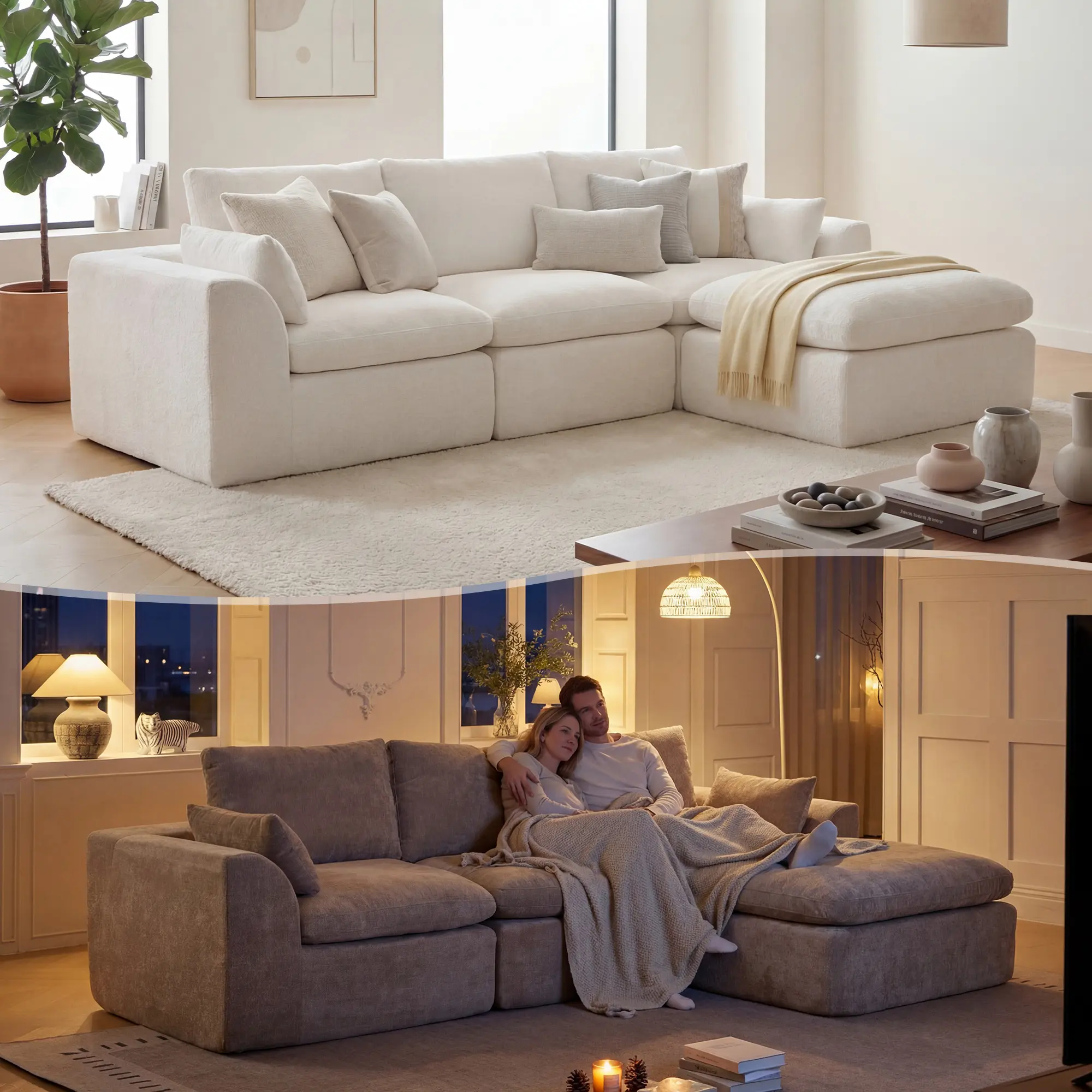 108in L-Shape Boneless Modular Sectional Sofa with Ottoman, No-Assembly Compressed Cloud Couch, Comfy Apartment Space-Saving Contemporary Living Room Furniture, Boneless Sectional Couch
