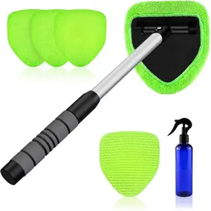 Car Window Cleaning Tool with Extendable Handle, Microfiber Pads Included, Interior Glass Cleaner for Auto & Home Use