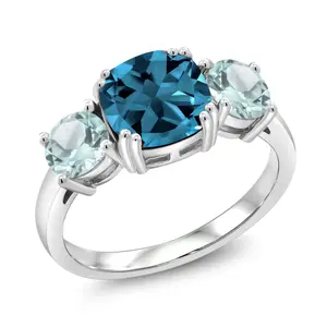 3.74 Cttw London Blue Topaz and Sky Blue Topaz 3-Stone Engagement Ring For Women | 925 Sterling Silver | Cushion 8MM and Round 5MM | Wedding Engagement Anniversary Ring
