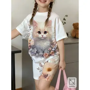 This Short-Sleeve Casual Outdoor Sports Outfit Features a 3D Cat Design, with an Asymmetrical Cut And a Regular Fit Made from Slightly Stretchy Fabric, Making It Perfect for Outdoor Activities in Spring And Summer