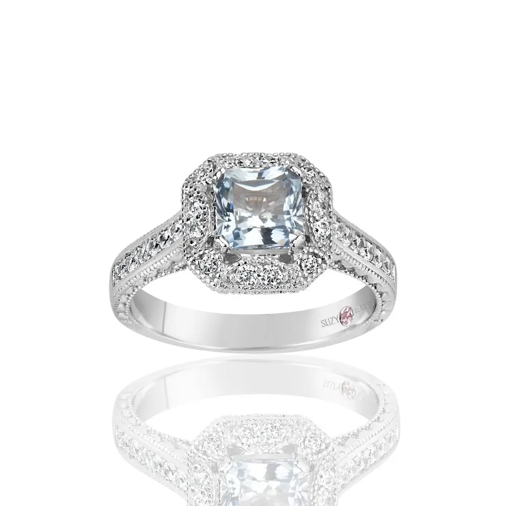 Suzy Levian Sterling Silver Assher Cut Cubic Zirconia Aquamarine Engagement Ring