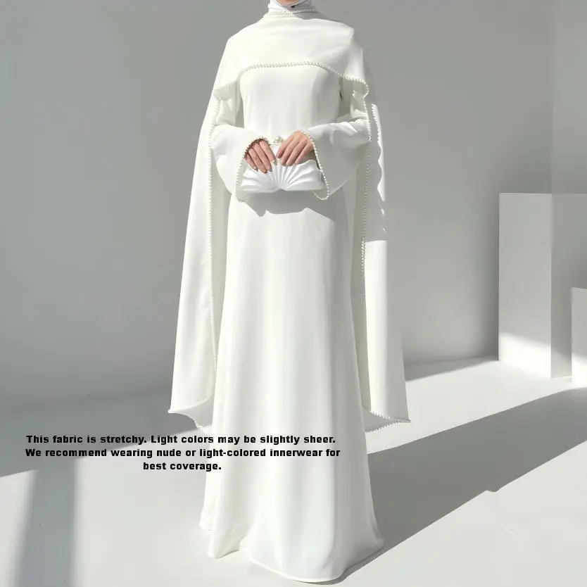 Elegant Abaya Gown with Draped Pearl Cape, Fitted Mock Neck Stretch Maxi Dress, Formal Evening Wear, Outfit of the Night, Zip