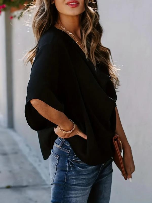 MINHKHUE Women's Casual Loose Fit Black Blouse Top - Short Sleeve Draped V Neck Summer Shirt, Elegant Chic Solid Color Tunic for Work, Daily, Party, Streetwear, Stylish Trendy Outfit with Jeans or Skirts
