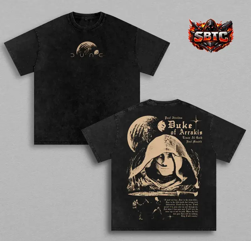 Dune Paul Atreides Duke of Arrakis Vintage Washed T-Shirt, Muad'Dib Double-Sided Graphic Tee, Sci-Fi Movie Inspired Heavy Cotton Oversized Desert Warrior Streetwear Gift