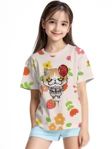 Cute Cat Clown Print Summer Fashion Girls' Clothing, 100% Polyester Active Kids Short Sleeve T-Shirt, Casual Outdoor Sports Tee