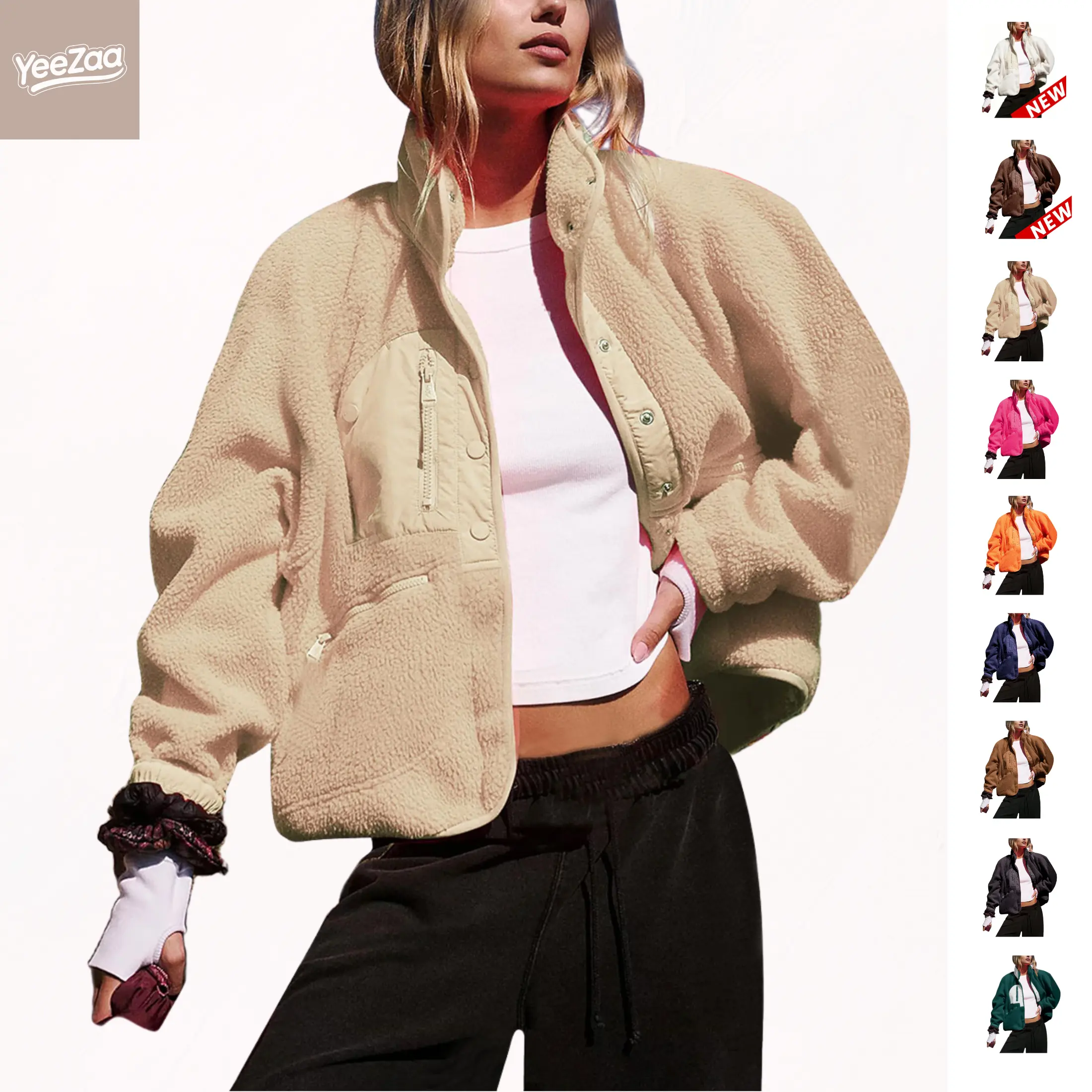 YeeZaa Women's Cropped Sherpa Lined Fleece Jacket 2026 Fall Warm Button Down Fuzzy Coats Shacket Outerwear with Pockets