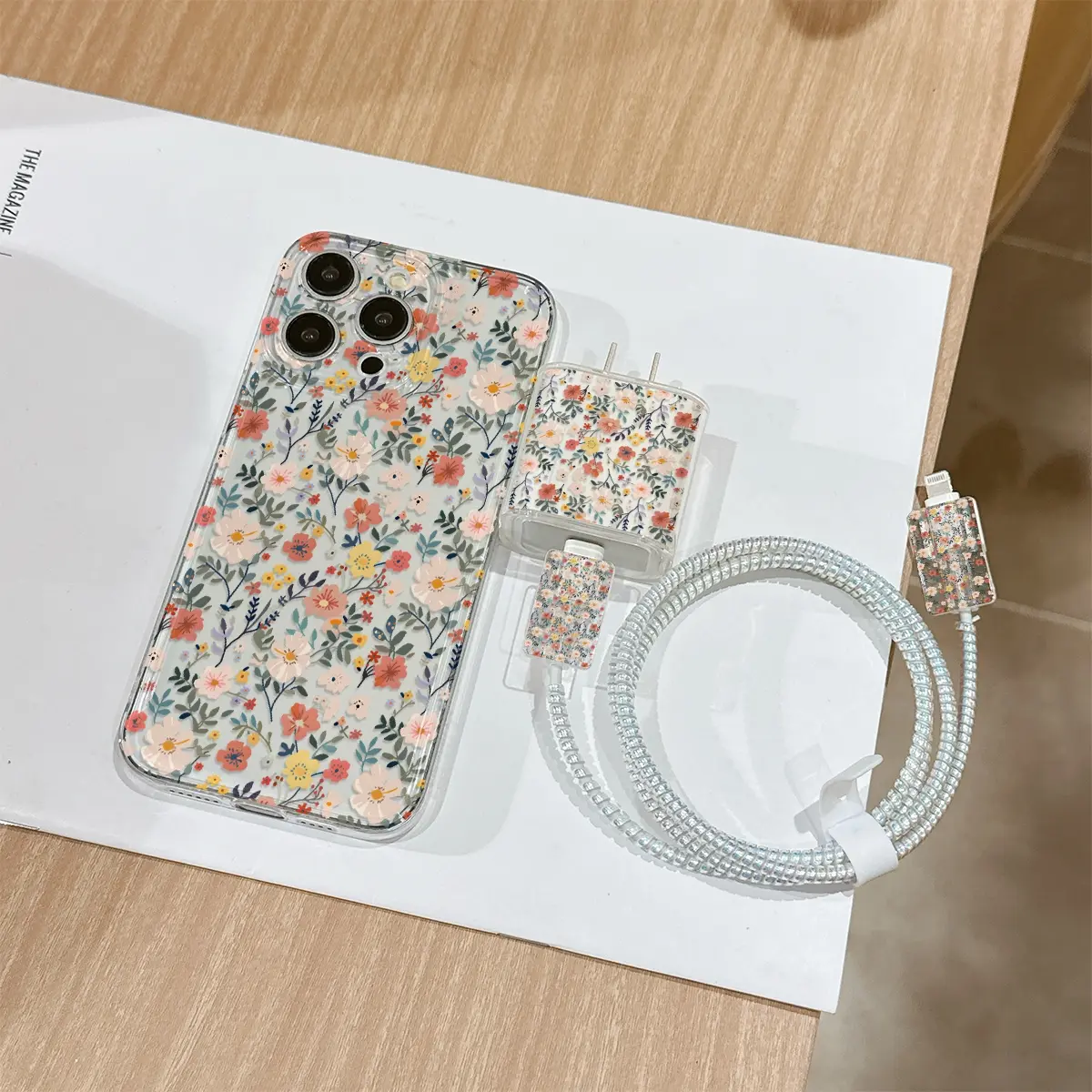 6 Piece Set Transparent Floral Phone Case, Charger Head Cover, Cable Protector, Storage Rope, Data Line Protection, Fits iPhone 6/7/8/x/11/12/13/14/15/16/17 Pro Max