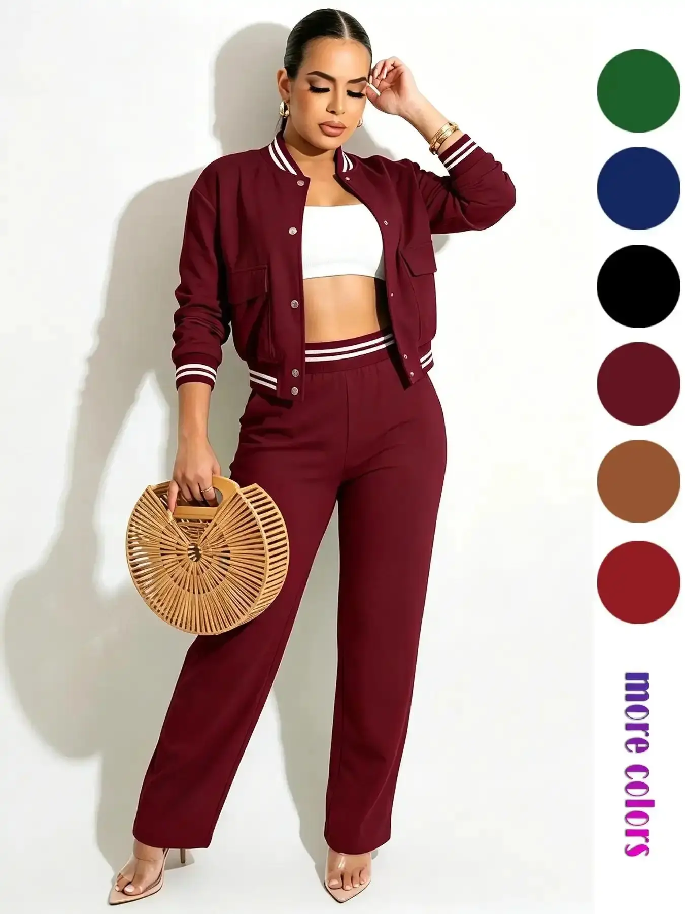 Flattering 2026 Spring Casual 2 Piece Tracksuit Weekend Wear, Athleisure for Women, Button Front Striped Trim Baseball Jacket and Wide Leg Pants Lounge Set, Outfits, Relaxed Fit, All Day Comfort, Travel Clothes
