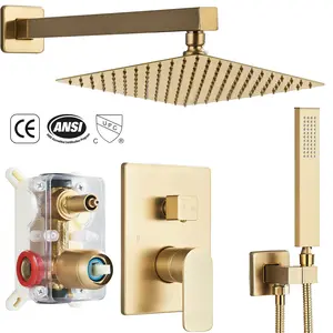 Senlesen Brushed Gold Shower Faucet Set, Rainfall Shower System with Square Shower Head and Handle Set, Wall Mounted Shower Fixtures with Mixer Valve