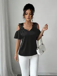 Off-Shoulder T-Shirt Blouse for Summer, Lace Patchwork Design, Lightweight & Wrinkle-Free, Perfect for Work & Dates