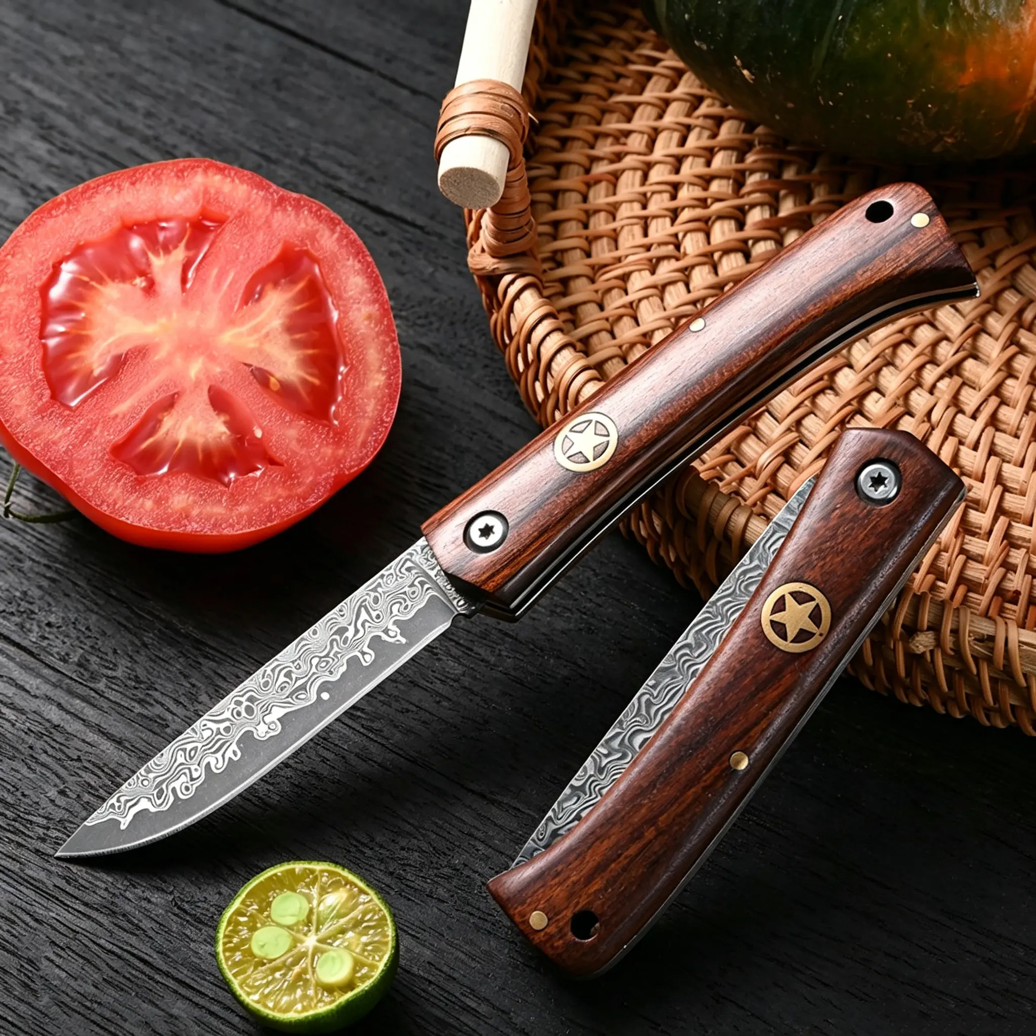 Damascus Pattern Cooking Knife - Wooden Handle Kitchenware, Multi-Use Knife for Fruit, Veggie Prep & Everyday Meal Tasks, Knives, Cooking Knives