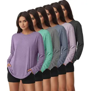 6 Pack Women's Long Sleeve Workout Dry Fit Shirts, UPF 50+ Rash Guard SPF UV Sun Protection Shirts Crew Neck