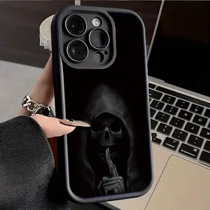 New Fashion Trend Black Ghost Skull Pattern Phone Case, Suitable for iPhone 17 Air/16E/15/14/13/12/11 Pro/Pro Max/Plus, Shockproof TPU Soft Full Protection Phone Case, Perfect Gift for Boyfriend Girlfriend Friend Family on Halloween TY12
