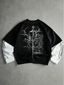 Gothic Street Style Faux Two-Piece T-Shirt, Dark Print Design, Colorblock Fashion, Casual Daily Wear, Fall & Winter