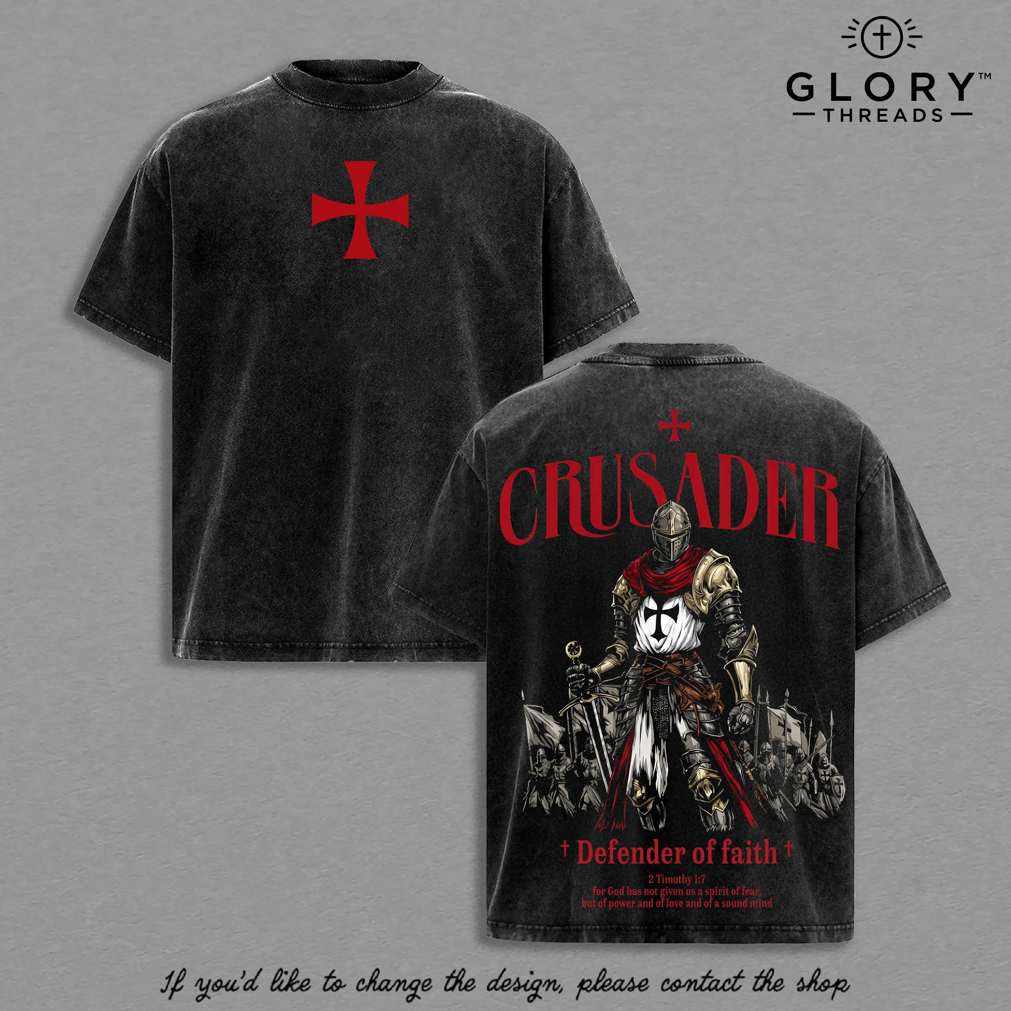 Crusader Defender of Faith Vintage Washed Oversized T-Shirt | 2 Timothy 1:7 Scripture Knight Graphic Tee | Heavy Cotton Christian Streetwear