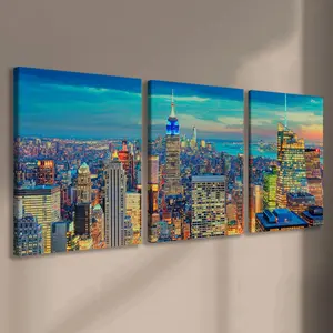 Set of 3 wooden-framed canvases, cityscape theme, perfect for dreamy-themed decor. These modern artworks make excellent gifts for loved ones and are also suitable for home and office.