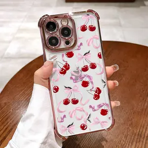Pink Cherry Bow Pattern Phone Case , Electroplated Cover with Airbag Shockproof Slim Soft TPU Cover for iPhone X 11 12 13 14 15 16 17 Pro Max Plus Air