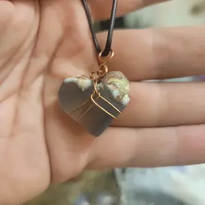 Polished Purple Agate Heart Pendant Wire Wrapped With Faux Cord Necklace for Women
