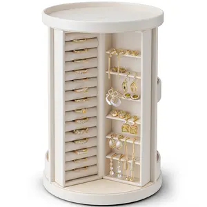 VLANDO Classic 360° Rotating PU Leather Jewelry Storage Box, Adjustable Large Vertical Multifunctional Storage Solution with Compartments for Women - White