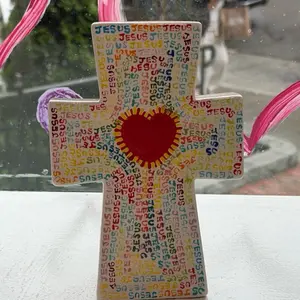 Standing Rainbow Ceramic Cross, Decorative Religious Item with "Jesus" Inscriptions