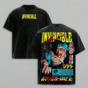 Mens Womens Black Washed Invincible Retro Distressed Washed Mark Grayson Issue 77 Brutal Superhero Comic Graphic Tee Short Sleeve Crewneck Cotton Top for Dark Superhero Streetwear Enthusiasts and Daily Casual Wear
