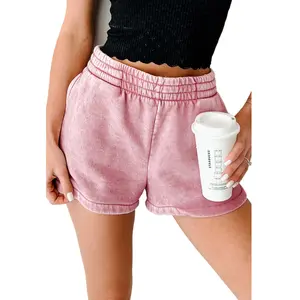 Mntaor Women's  Elastic High Waist Mineral Wash Shorts with Pockets  Comfortable Casual Style Adjustable Bottoms
