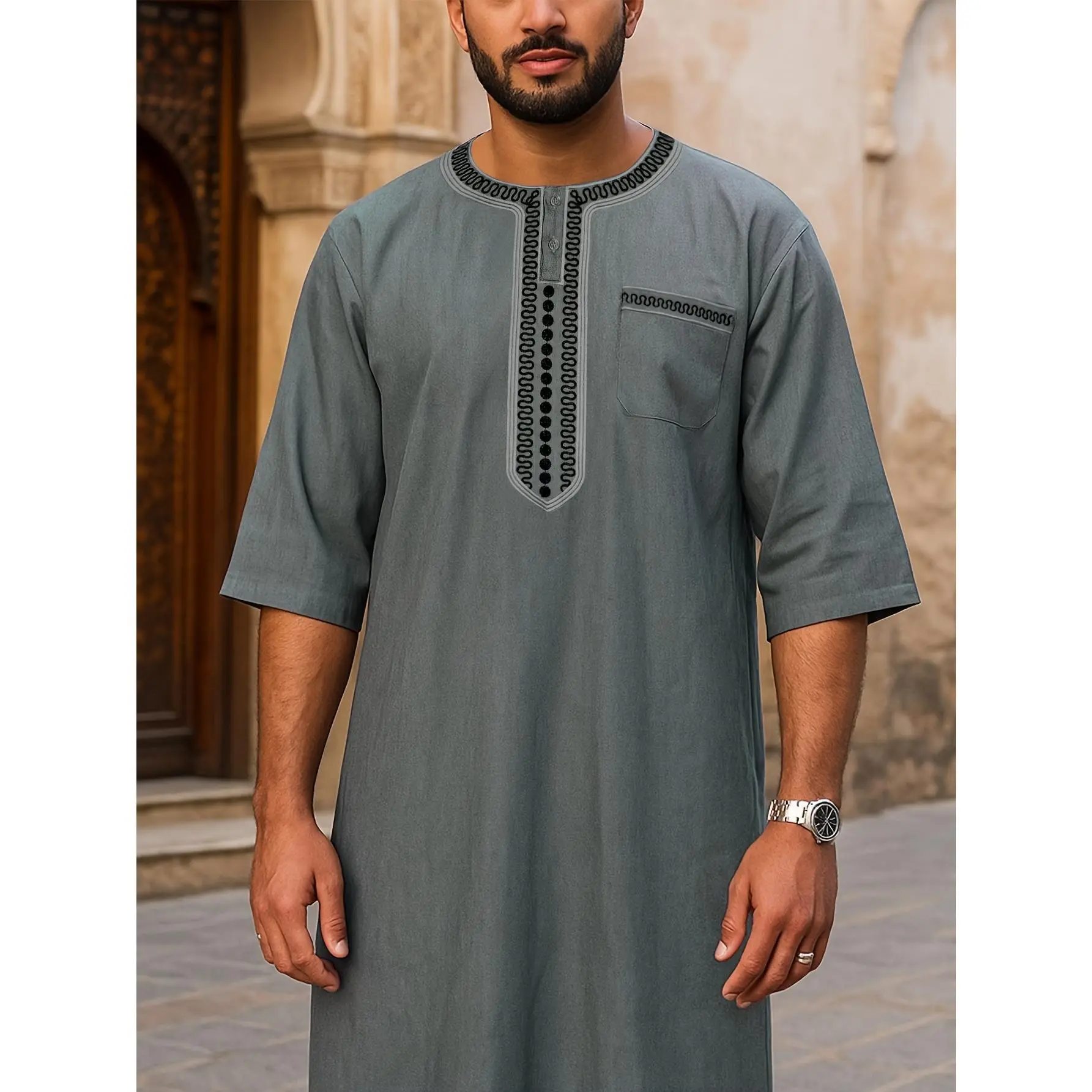 Men's Islamic Robe - Moroccan Kaftan with Button Closure, Loose Fit Arabic Abaya for Ramadan, Eid, Weddings - Lightweight Religious Clerical Attire (Hand Washable) - Muslim Prayerrobe for Everyday & Formal Occasions, Muslim Clothes, Festive Garb, Decorati