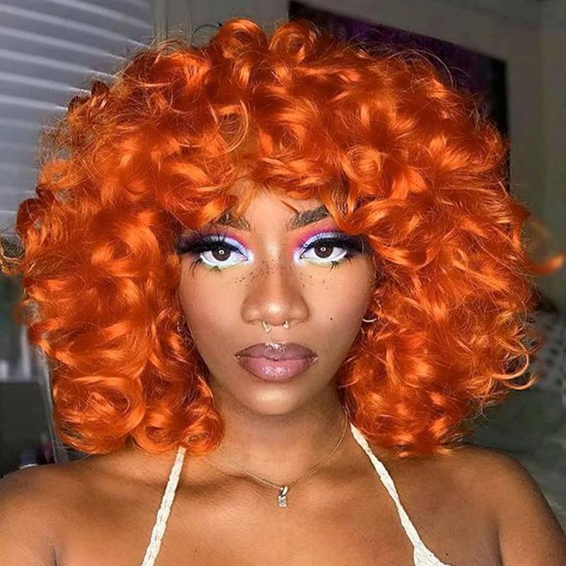 Junoda-Kiqibeauty Short Curly Bob Wig with Bangs Full Machine Made Human Hair Wigs for Black Women (Curly wig with bangs, Orange)