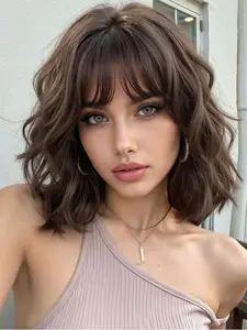 Women’s 10 Inch Short Curly Bob Wig, Natural Bangs Synthetic Fiber - Daily Wear Artificial Wig All Seasons brown wavy wig