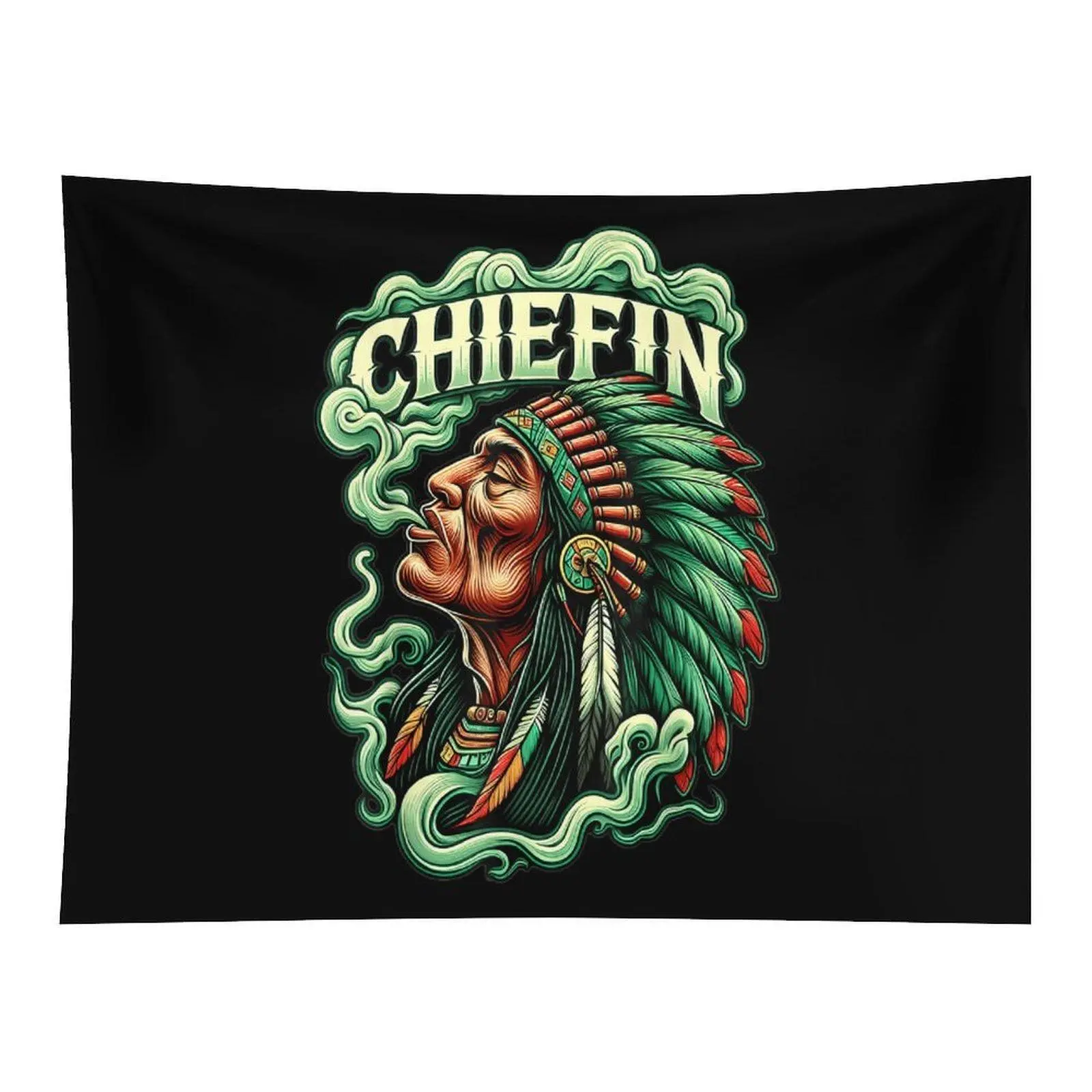 Black Background Vintage Native American Chiefin Headdress Green Smoke Traditional Indigenous Retro Art Wall Tapestry For Spiritual Meditation Boho Decor