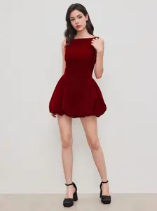 Cider [2 colors, size 0-26] Velvet Boat Neck Ruffle Bubble Hem Mini Dress