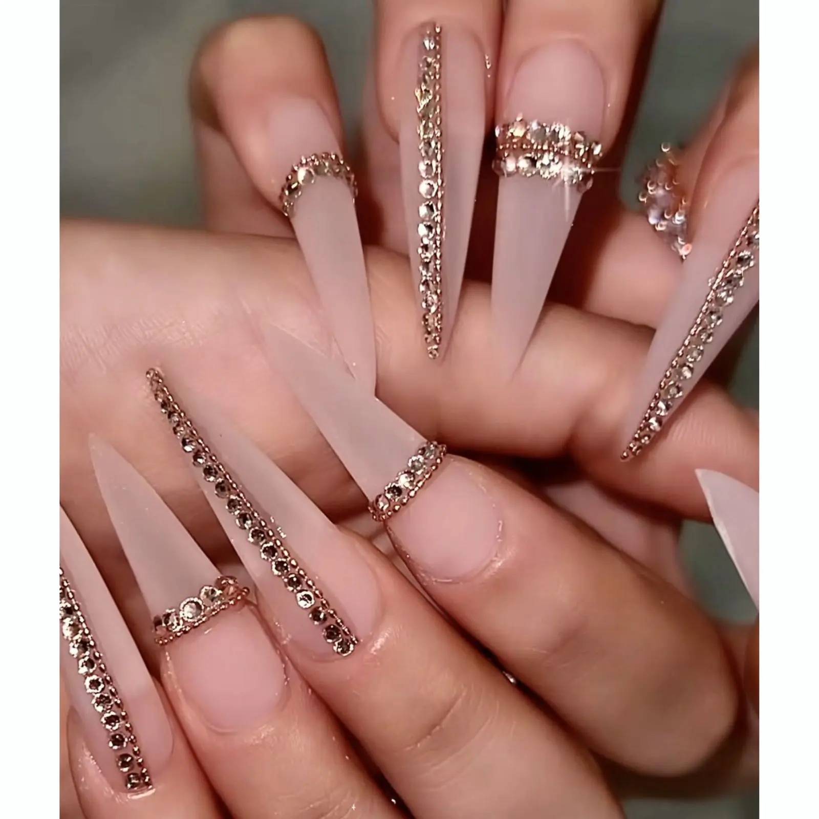 Rose Gold Rhinestone Press On Nails | Bling Nude Stiletto Glam Nails | Luxury Crystal Coffin Nails
