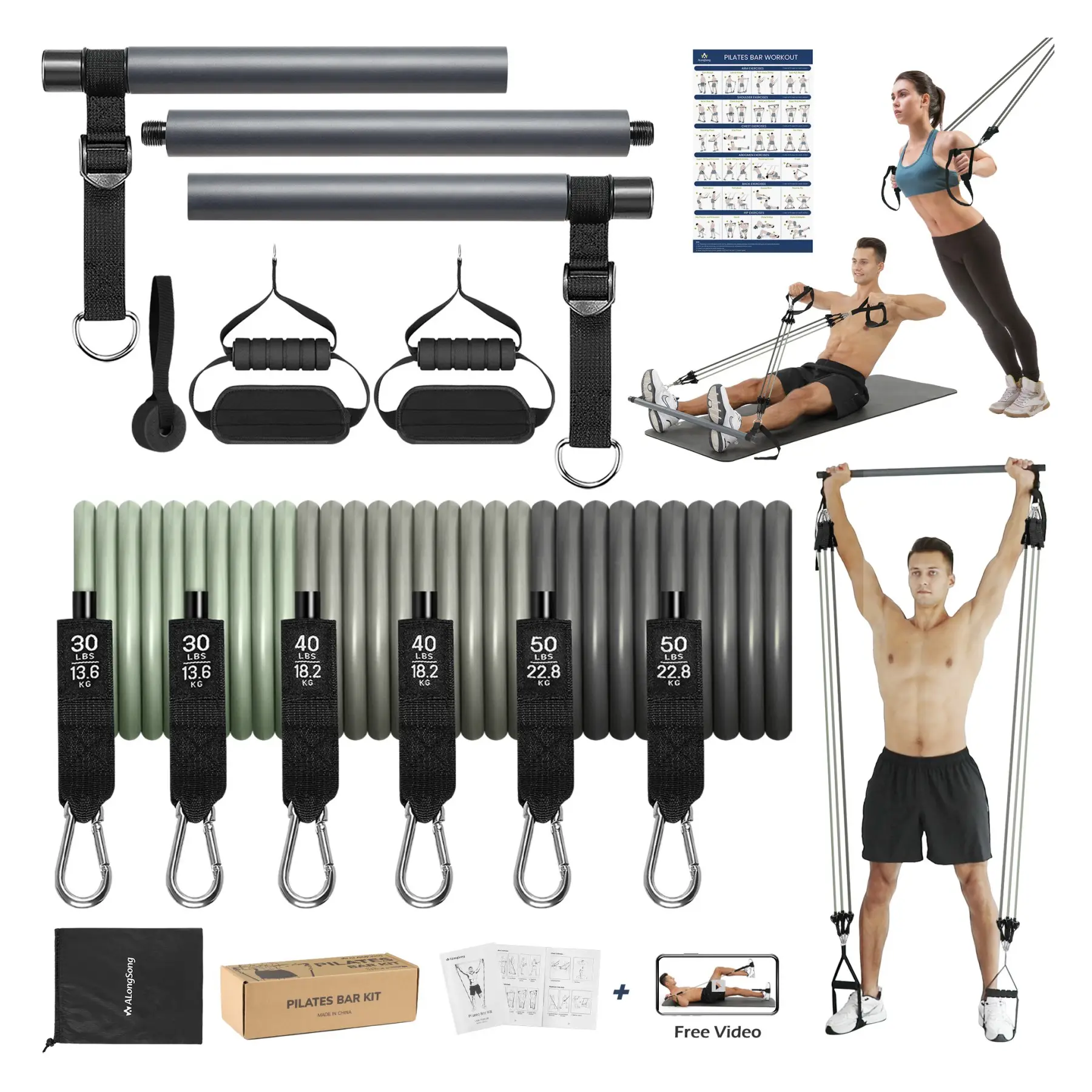 AlongSong Portable Pilates Bar Kit with 3 Latex Bands for Full Body Workouts, Adjustable Resistance, Portable Design, and Free Video Tutorials