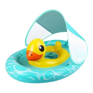 Kids Dual Airbag Swim Float, Cute Duck Design, Anti-Tip Sunshade Pool Ring, Inflatable Pool Ring, Summer Beach Outdoor Water Toy, Fun Swimming Gear