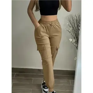 Women'S Casual Cargo Pocket Nine-Pocket Joggers - Elastic Waist Drawstring, Light Pink, All-Season Comfort, Regular Fit Cropped Pants for Casual Attire, Jogging Pants